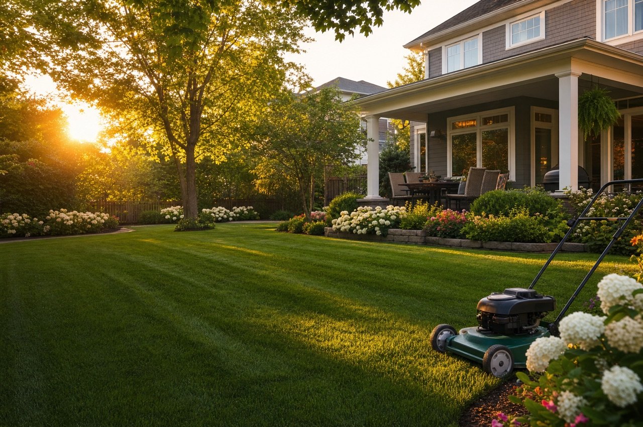 A beautifully maintained backyard lawn at golden hour